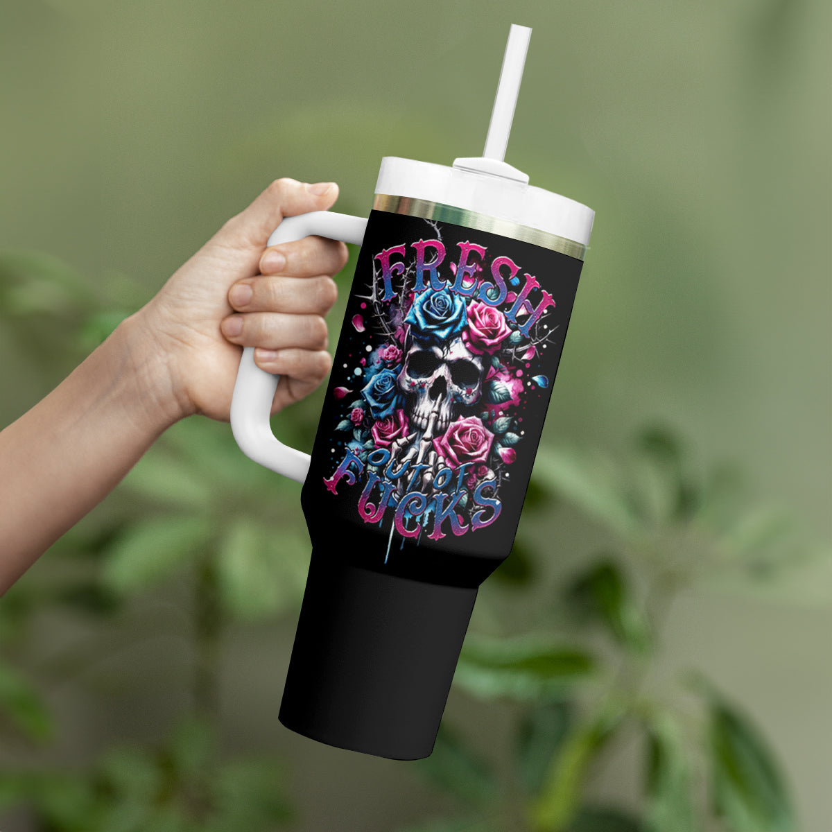 Rose Skull Tumbler With Handle Fresh Out Of Fucks - Wonder Print Shop