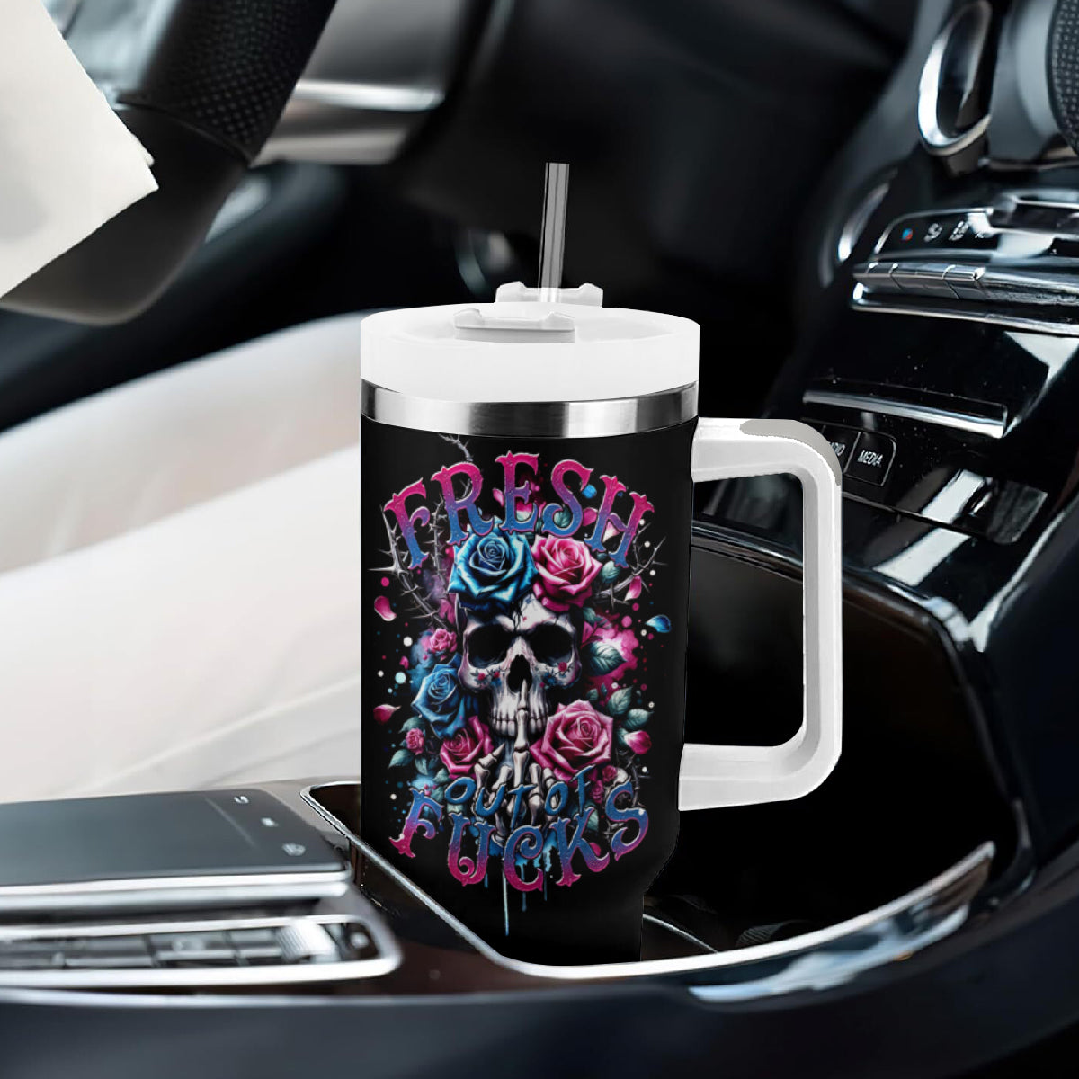 Rose Skull Tumbler With Handle Fresh Out Of Fucks - Wonder Print Shop