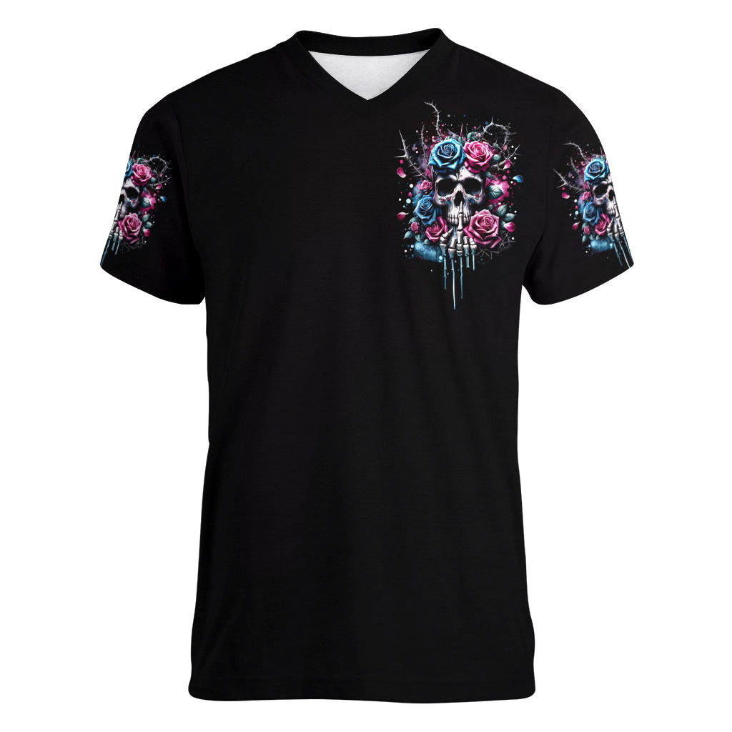 Rose Skull Women V Neck T Shirt Fresh Out Of Fucks - Wonder Print Shop