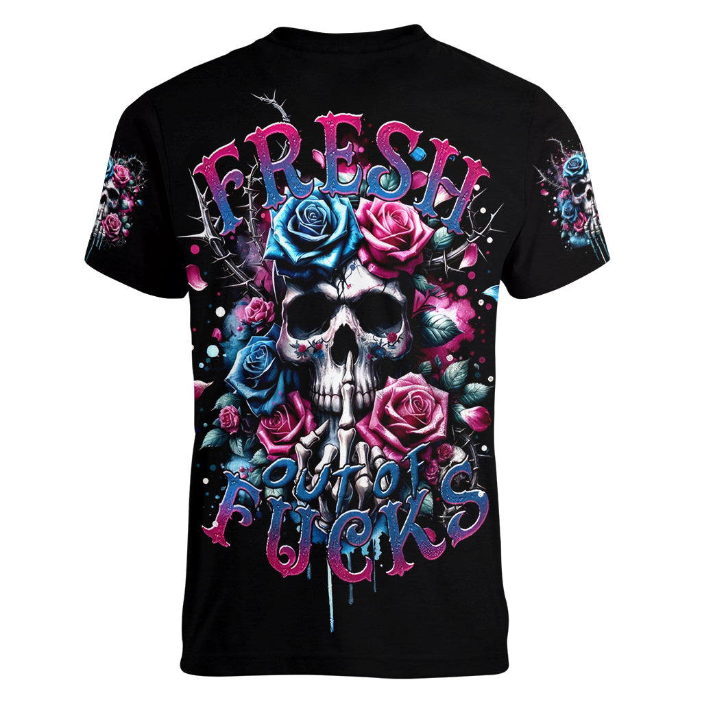 Rose Skull Women V Neck T Shirt Fresh Out Of Fucks - Wonder Print Shop