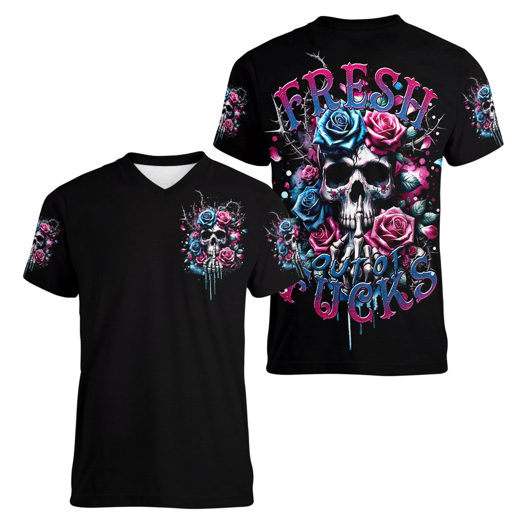 Rose Skull Women V Neck T Shirt Fresh Out Of Fucks - Wonder Print Shop