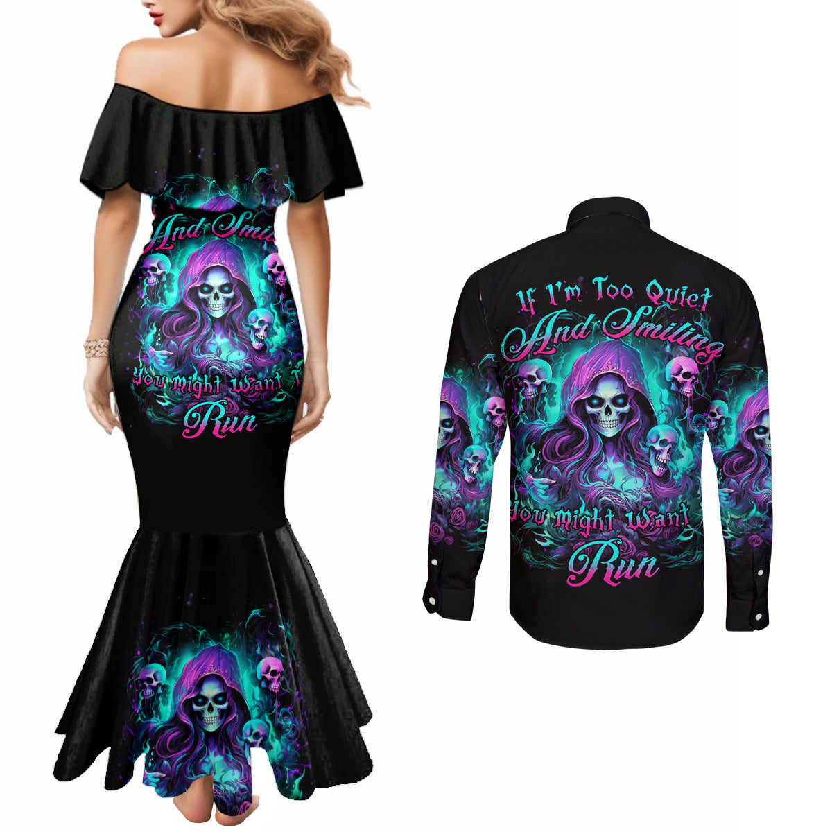 Witch Skull Couples Matching Mermaid Dress and Long Sleeve Button Shirt If I'm Too Quiet And Smiling You Might Want To Run