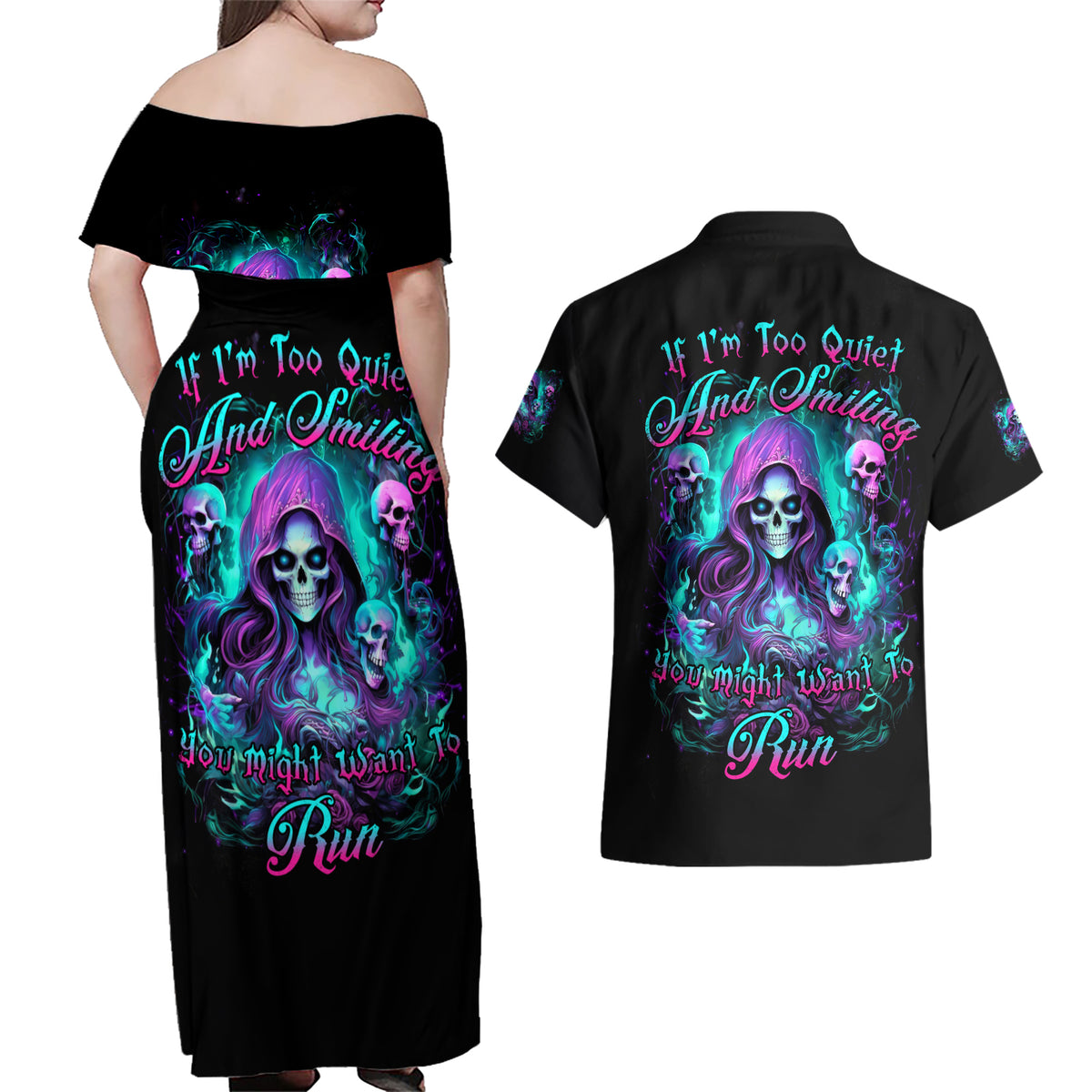 Witch Skull Couples Matching Off Shoulder Maxi Dress and Hawaiian Shirt If I'm Too Quiet And Smiling You Might Want To Run - Wonder Print Shop