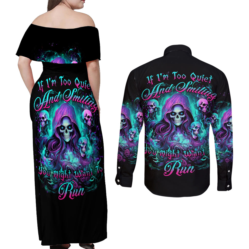 Witch Skull Couples Matching Off Shoulder Maxi Dress and Long Sleeve Button Shirt If I'm Too Quiet And Smiling You Might Want To Run - Wonder Print Shop