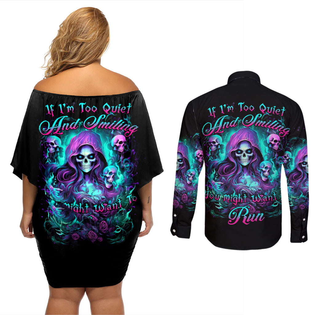 Witch Skull Couples Matching Off Shoulder Short Dress and Long Sleeve Button Shirt If I'm Too Quiet And Smiling You Might Want To Run - Wonder Print Shop