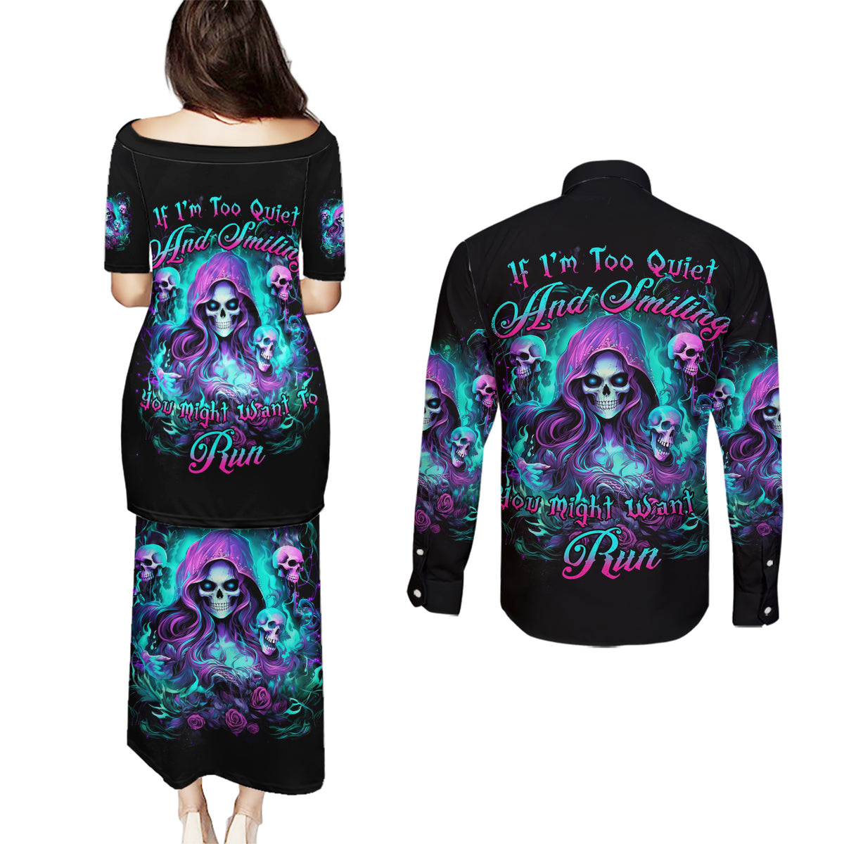 Witch Skull Couples Matching Puletasi and Long Sleeve Button Shirt If I'm Too Quiet And Smiling You Might Want To Run - Wonder Print Shop