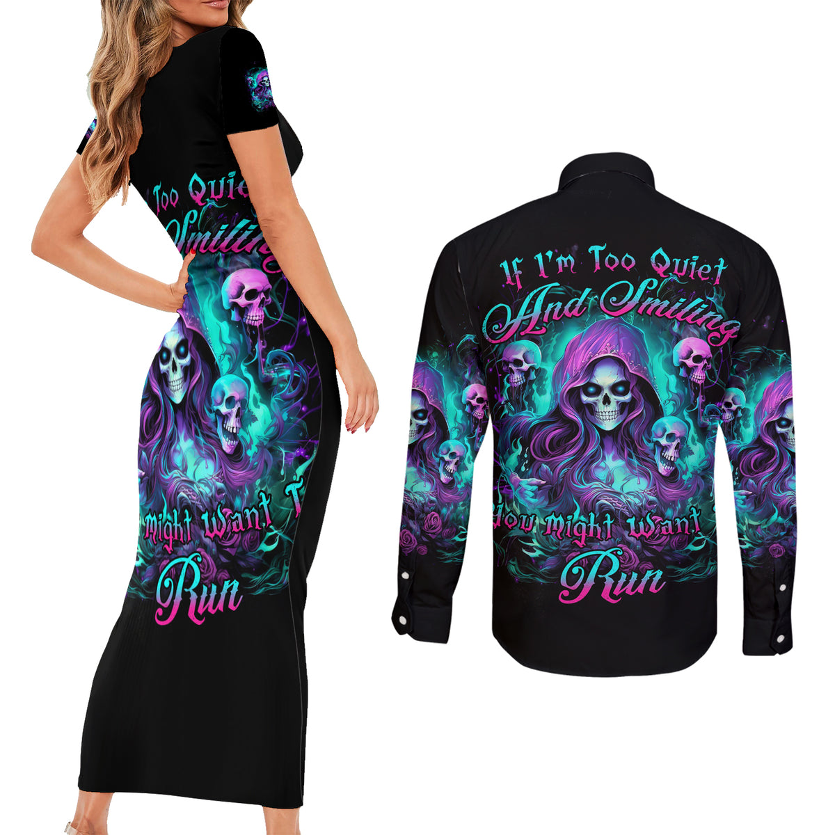 Witch Skull Couples Matching Short Sleeve Bodycon Dress and Long Sleeve Button Shirt If I'm Too Quiet And Smiling You Might Want To Run - Wonder Print Shop
