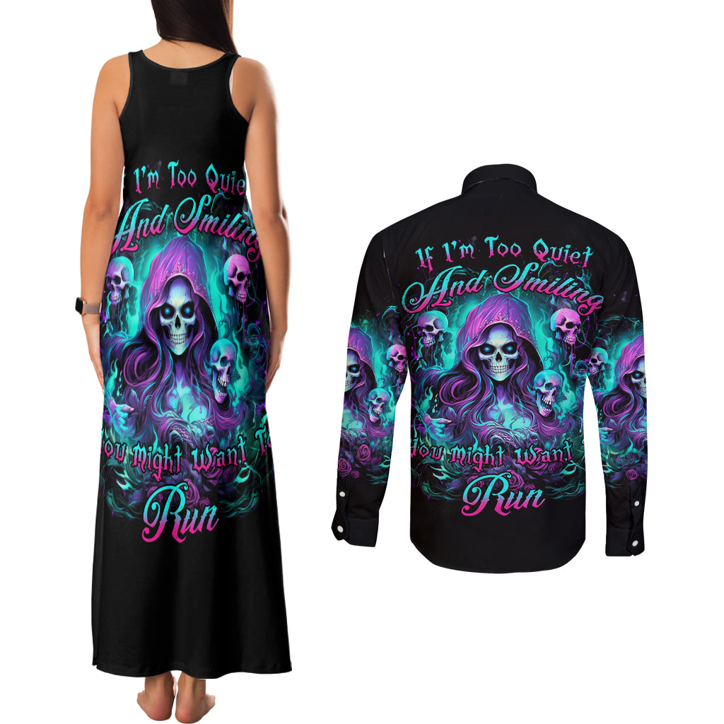 Witch Skull Couples Matching Tank Maxi Dress and Long Sleeve Button Shirt If I'm Too Quiet And Smiling You Might Want To Run - Wonder Print Shop