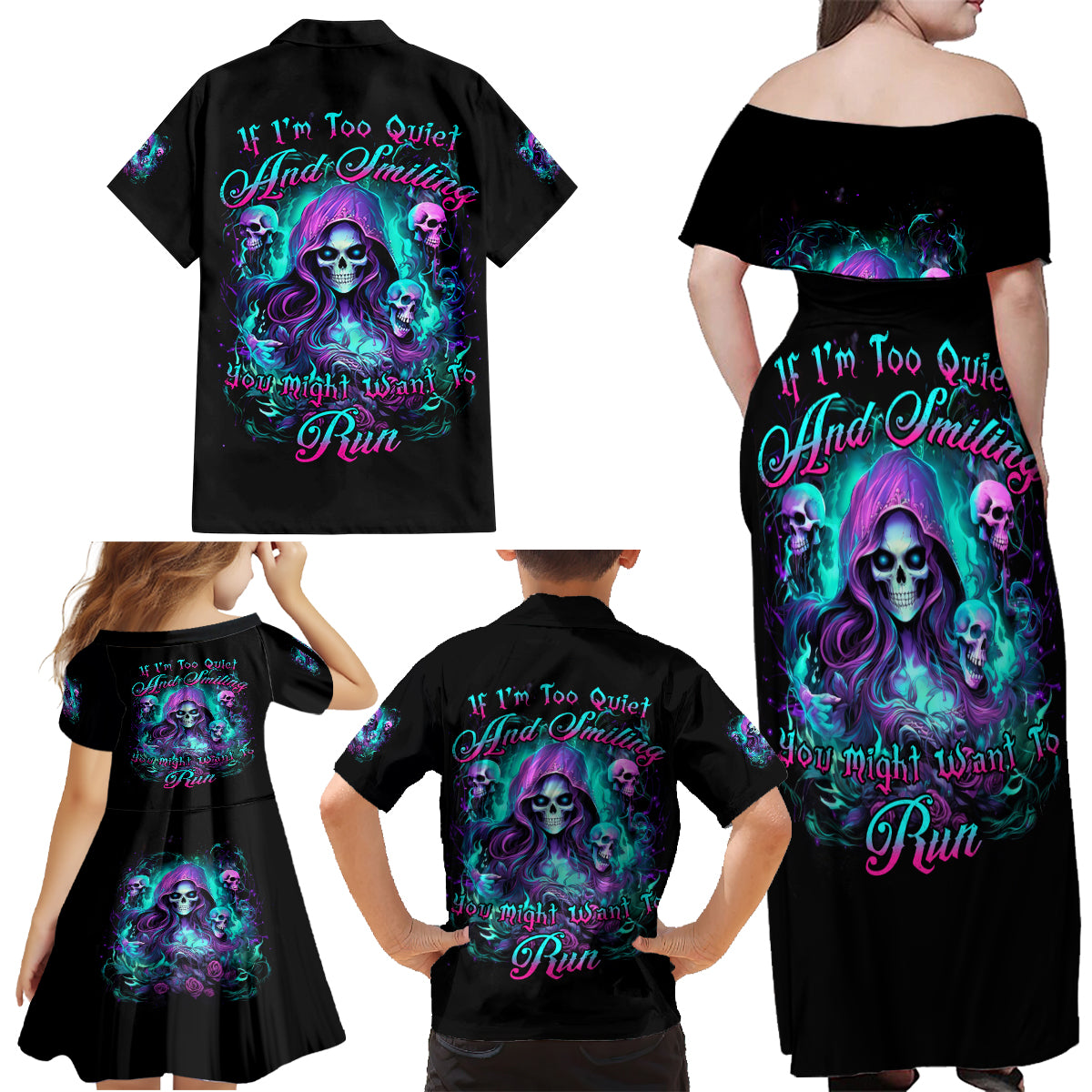 Witch Skull Family Matching Off Shoulder Maxi Dress and Hawaiian Shirt If I'm Too Quiet And Smiling You Might Want To Run - Wonder Print Shop