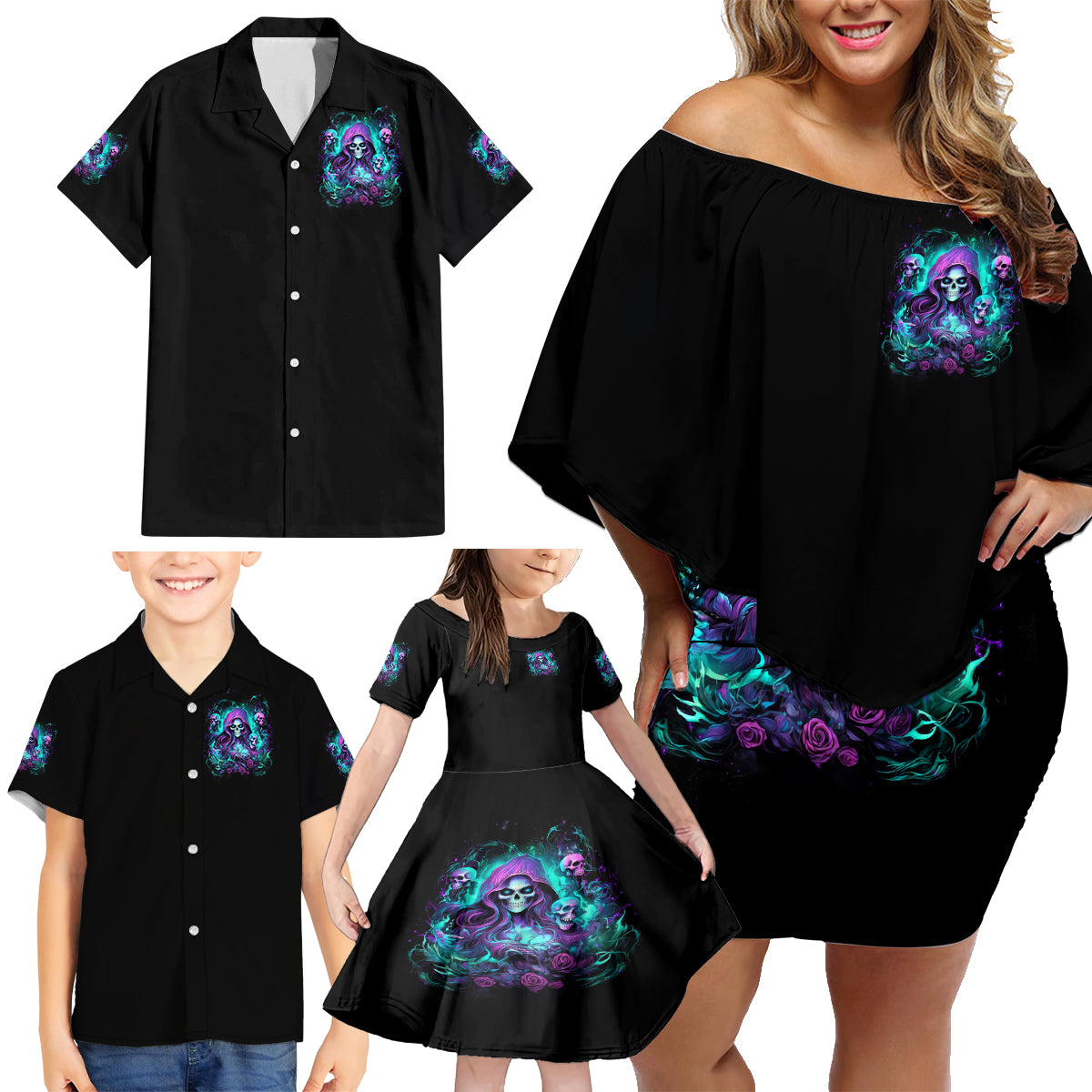 Witch Skull Family Matching Off Shoulder Short Dress and Hawaiian Shirt If I'm Too Quiet And Smiling You Might Want To Run - Wonder Print Shop