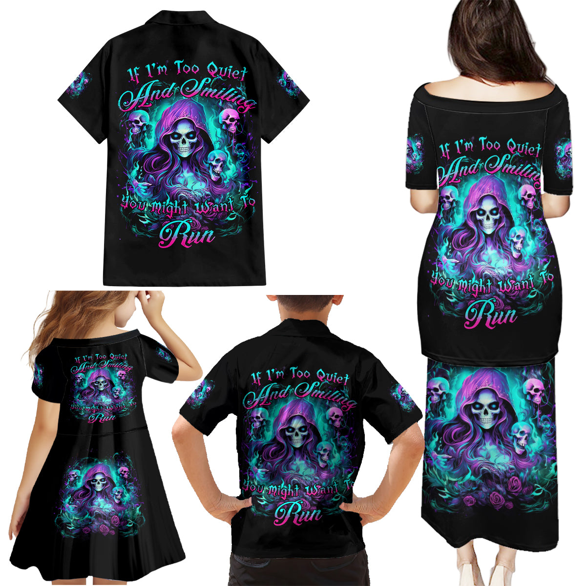 Witch Skull Family Matching Puletasi and Hawaiian Shirt If I'm Too Quiet And Smiling You Might Want To Run - Wonder Print Shop