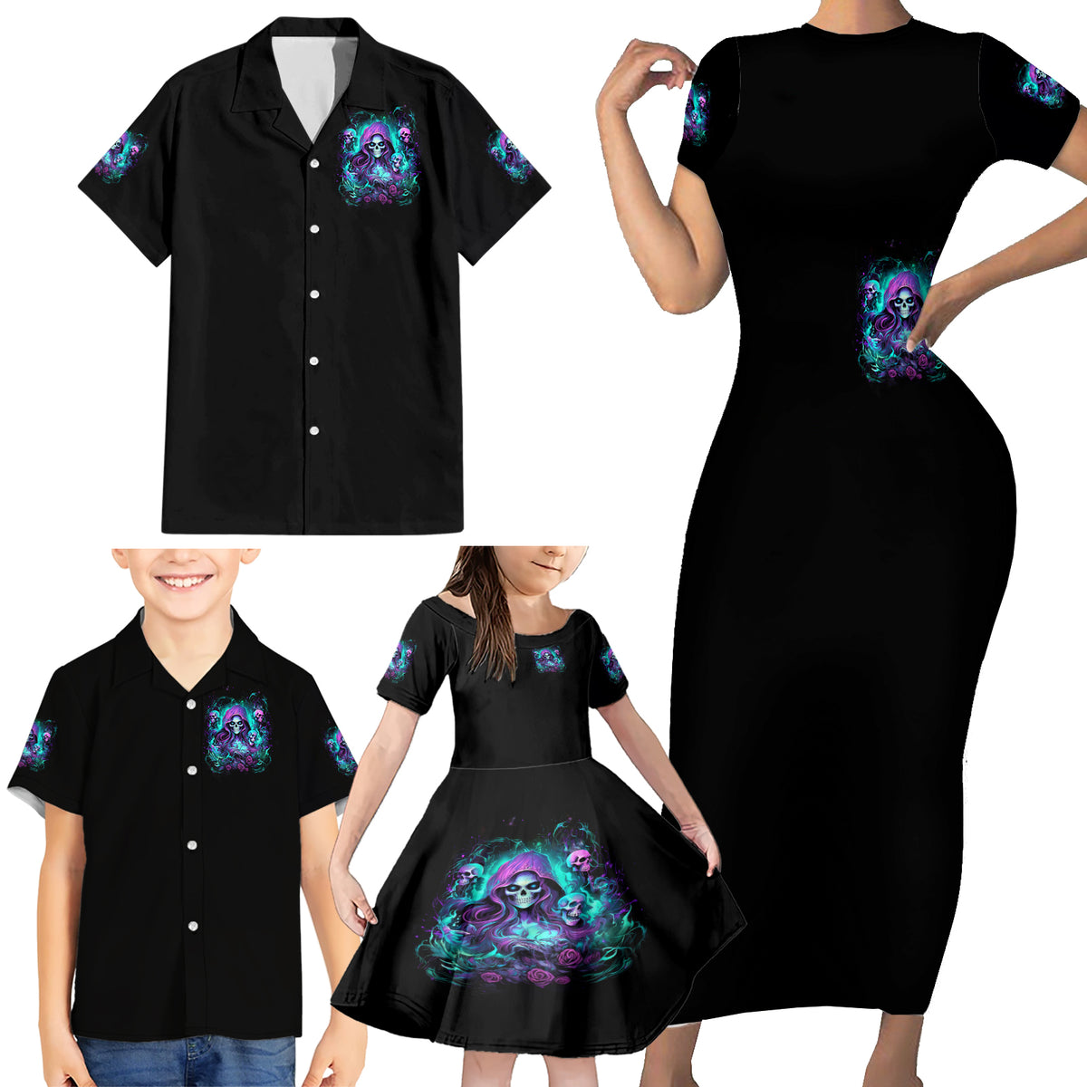 Witch Skull Family Matching Short Sleeve Bodycon Dress and Hawaiian Shirt If I'm Too Quiet And Smiling You Might Want To Run - Wonder Print Shop