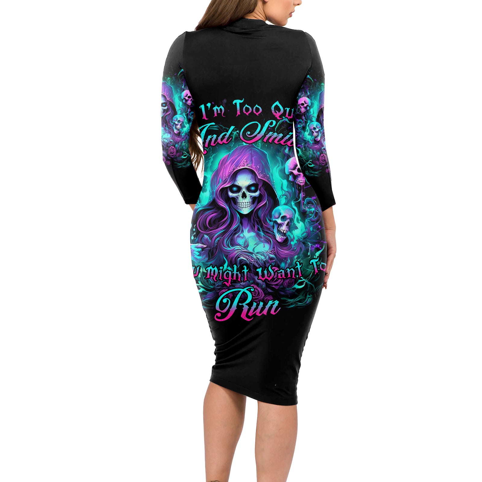 Witch Skull Long Sleeve Bodycon Dress If I'm Too Quiet And Smiling You Might Want To Run - Wonder Print Shop