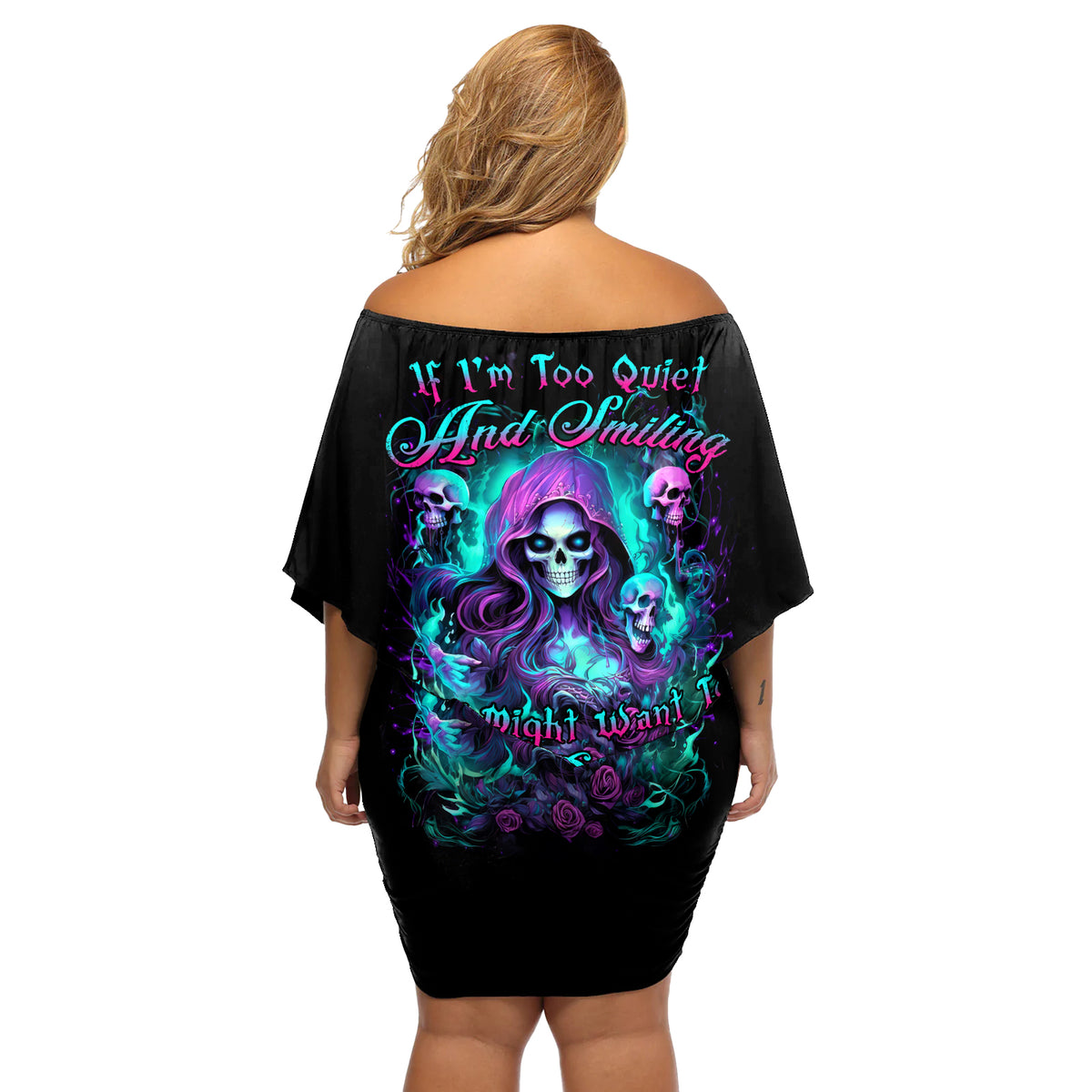 Witch Skull Off Shoulder Short Dress If I'm Too Quiet And Smiling You Might Want To Run - Wonder Print Shop