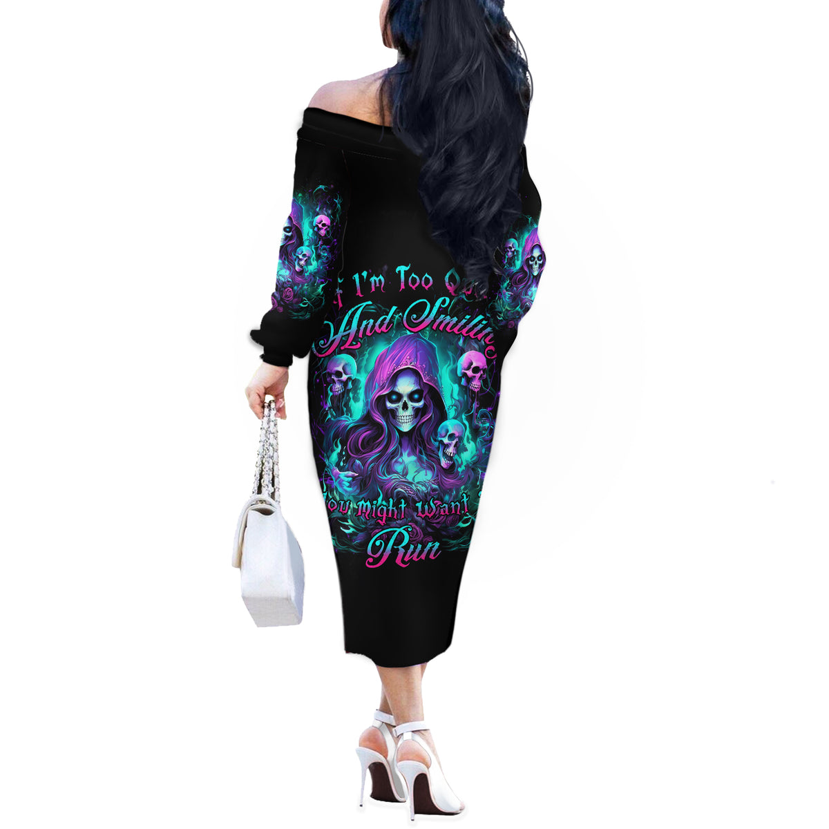 Witch Skull Off The Shoulder Long Sleeve Dress If I'm Too Quiet And Smiling You Might Want To Run - Wonder Print Shop