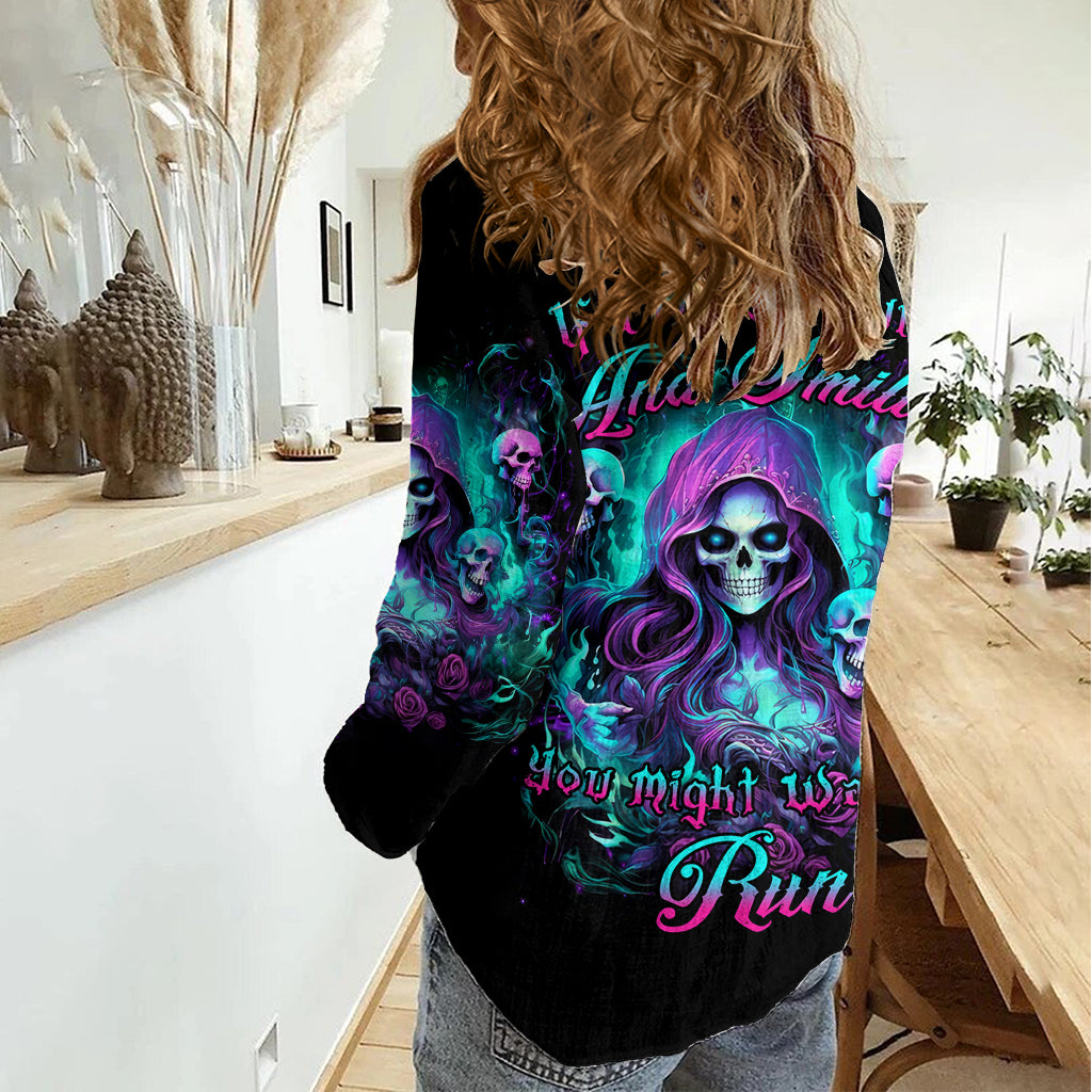 Witch Skull Women Casual Shirt If I'm Too Quiet And Smiling You Might Want To Run - Wonder Print Shop