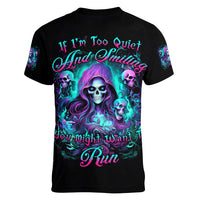 Witch Skull Women V Neck T Shirt If I'm Too Quiet And Smiling You Might Want To Run - Wonder Print Shop