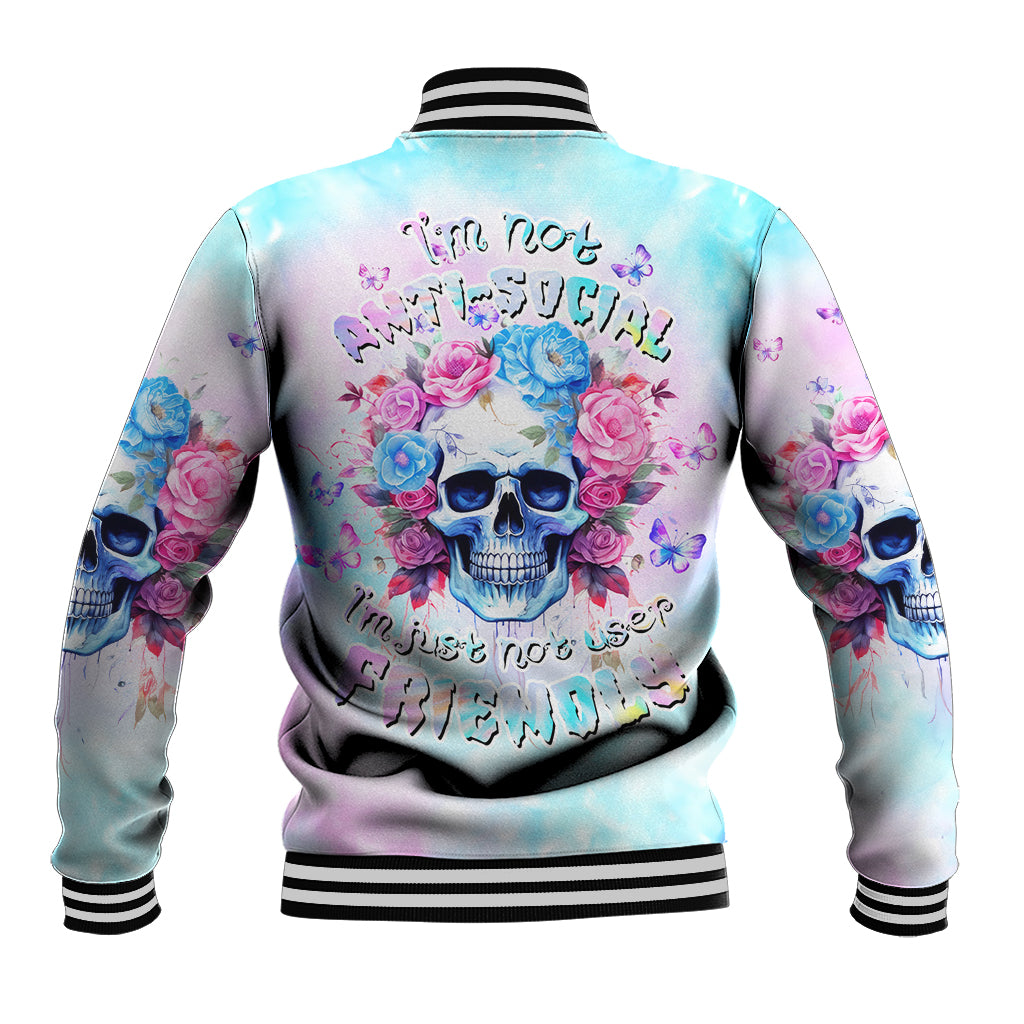 Flower Skull Baseball Jacket I'm Not Anti-Social I'm Just Not User Friendly - Wonder Print Shop