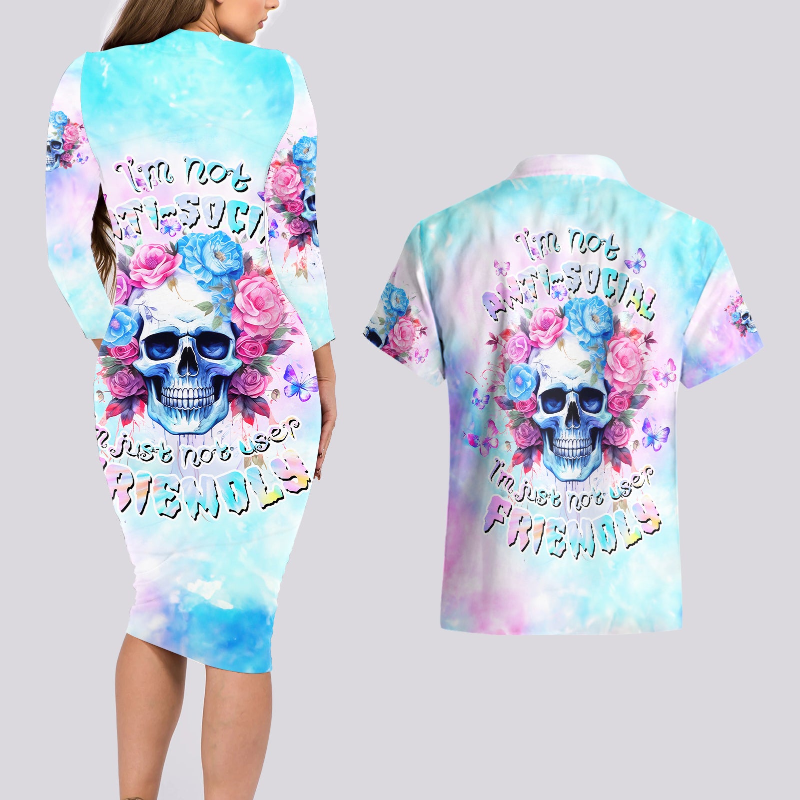 Flower Skull Couples Matching Long Sleeve Bodycon Dress and Hawaiian Shirt I'm Not Anti-Social I'm Just Not User Friendly - Wonder Print Shop