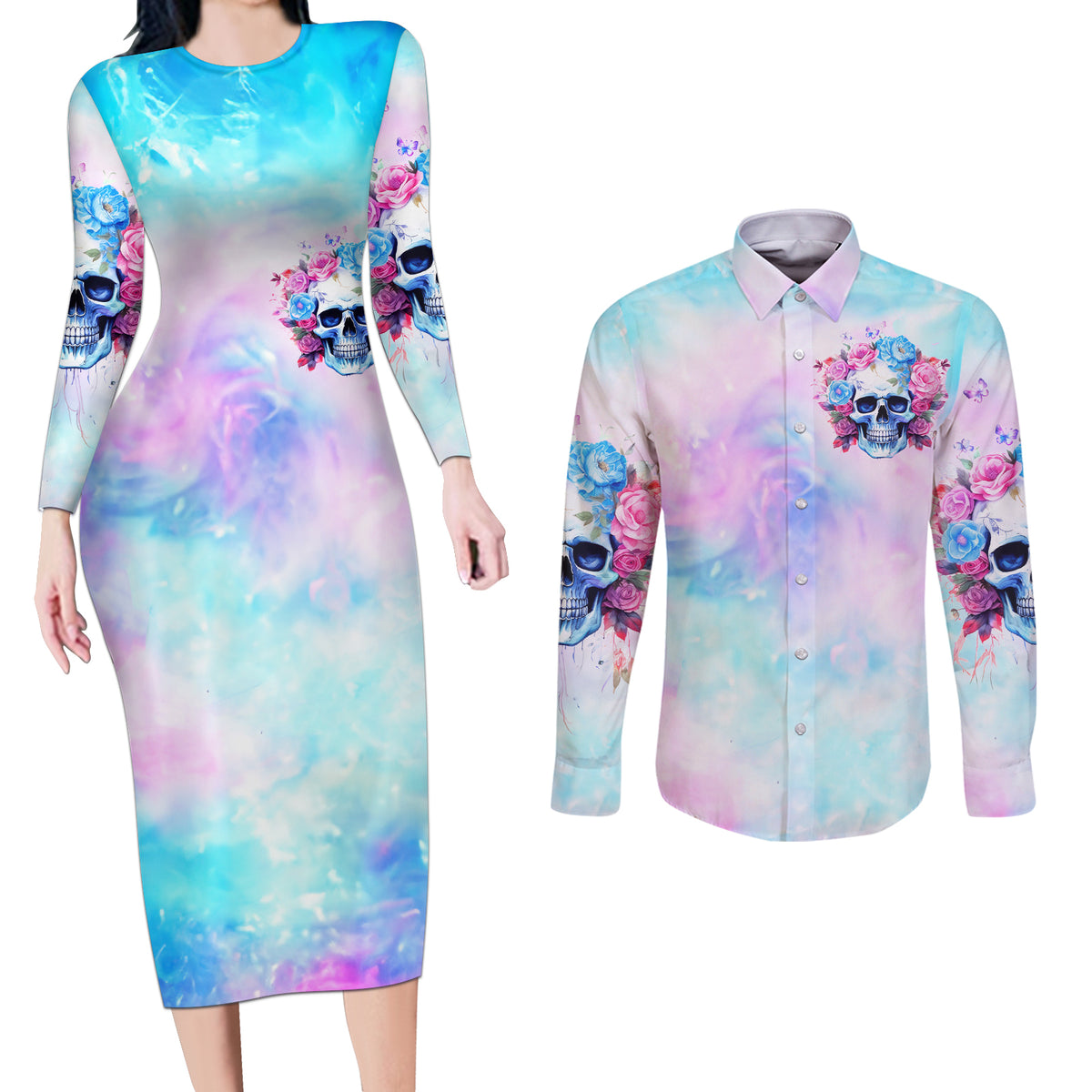 Flower Skull Couples Matching Long Sleeve Bodycon Dress and Long Sleeve Button Shirt I'm Not Anti-Social I'm Just Not User Friendly - Wonder Print Shop