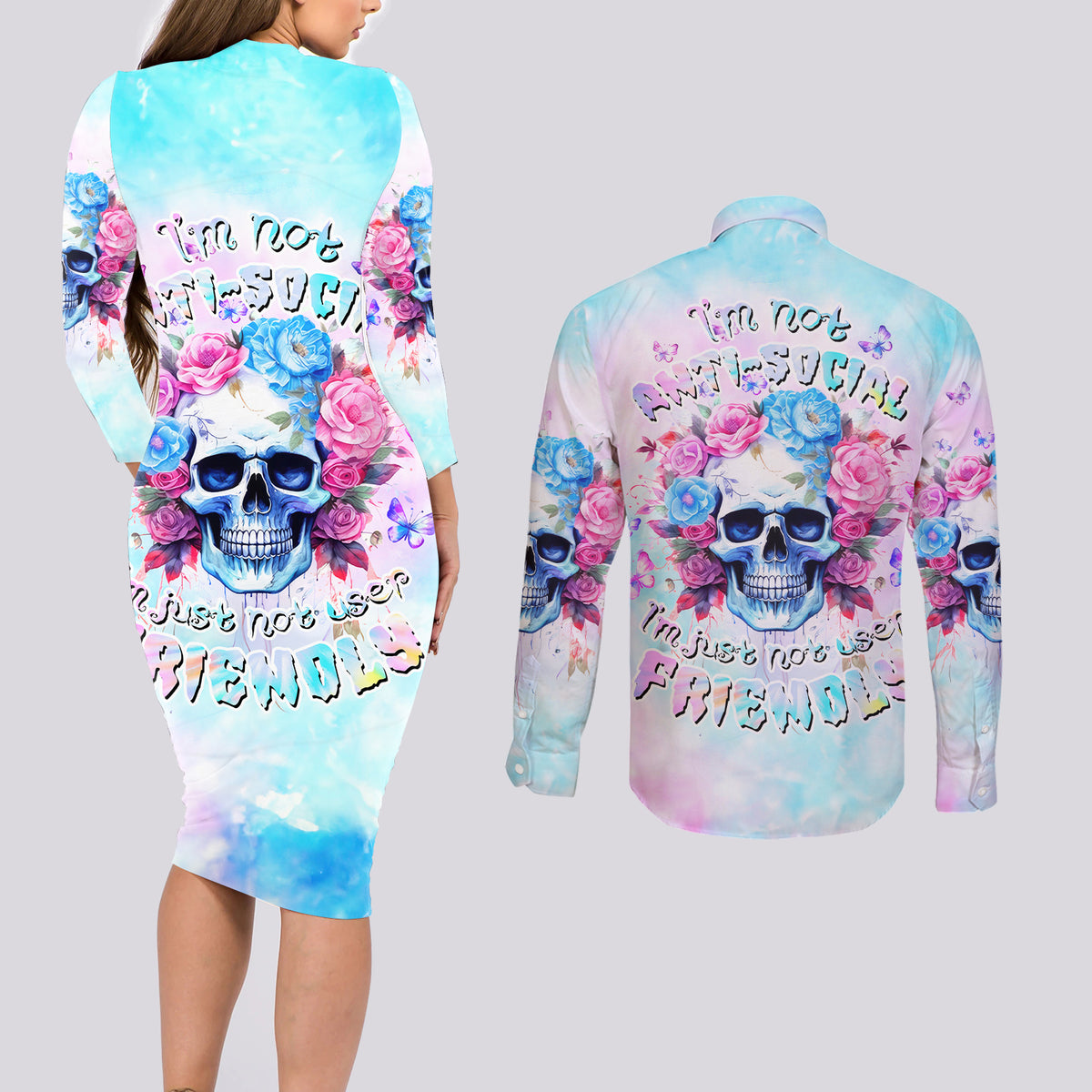 Flower Skull Couples Matching Long Sleeve Bodycon Dress and Long Sleeve Button Shirt I'm Not Anti-Social I'm Just Not User Friendly - Wonder Print Shop