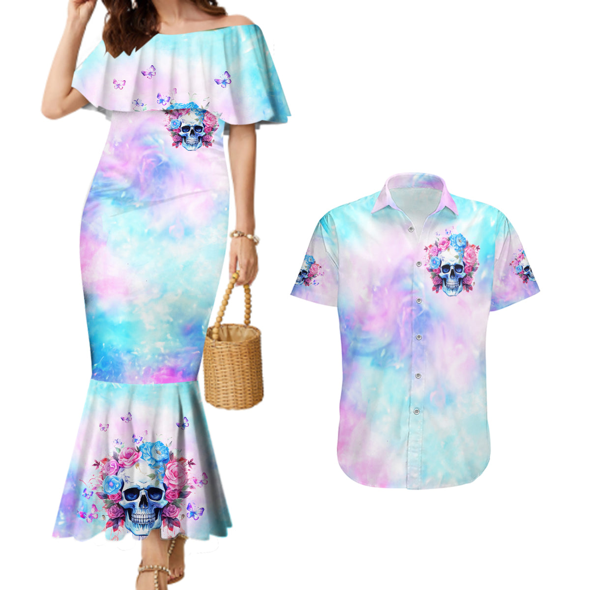 Flower Skull Couples Matching Mermaid Dress and Hawaiian Shirt I'm Not Anti-Social I'm Just Not User Friendly - Wonder Print Shop