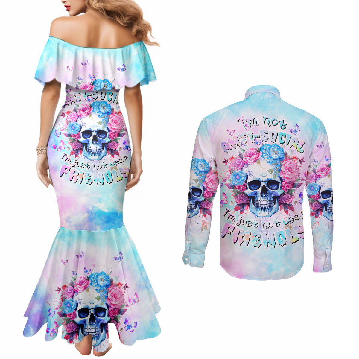 Flower Skull Couples Matching Mermaid Dress and Long Sleeve Button Shirt I'm Not Ant-Social I'm Just Not User Friendly