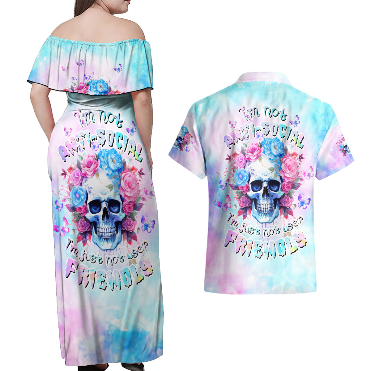 Flower Skull Couples Matching Off Shoulder Maxi Dress and Hawaiian Shirt I'm Not Anti-Social I'm Just Not User Friendly - Wonder Print Shop