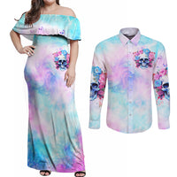 Flower Skull Couples Matching Off Shoulder Maxi Dress and Long Sleeve Button Shirt I'm Not Anti-Social I'm Just Not User Friendly - Wonder Print Shop
