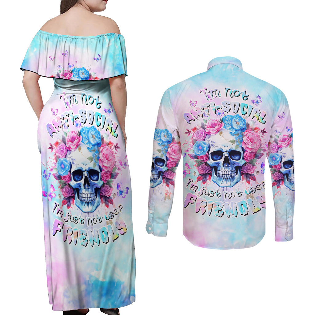 Flower Skull Couples Matching Off Shoulder Maxi Dress and Long Sleeve Button Shirt I'm Not Anti-Social I'm Just Not User Friendly - Wonder Print Shop
