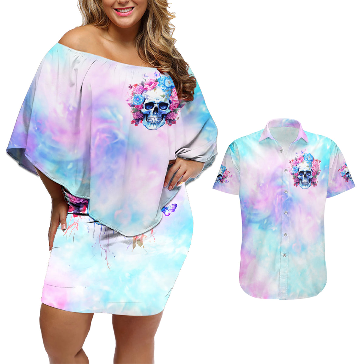 Flower Skull Couples Matching Off Shoulder Short Dress and Hawaiian Shirt I'm Not Anti-Social I'm Just Not User Friendly - Wonder Print Shop