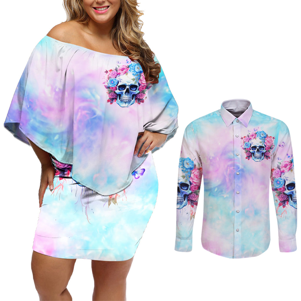 Flower Skull Couples Matching Off Shoulder Short Dress and Long Sleeve Button Shirt I'm Not Anti-Social I'm Just Not User Friendly - Wonder Print Shop