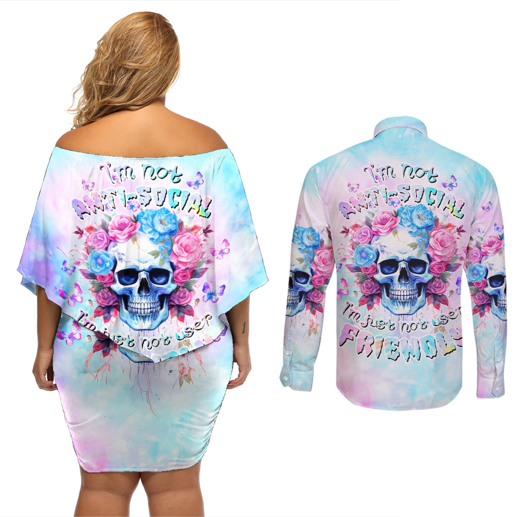 Flower Skull Couples Matching Off Shoulder Short Dress and Long Sleeve Button Shirt I'm Not Anti-Social I'm Just Not User Friendly - Wonder Print Shop