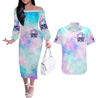 Flower Skull Couples Matching Off The Shoulder Long Sleeve Dress and Hawaiian Shirt I'm Not Anti-Social I'm Just Not User Friendly - Wonder Print Shop