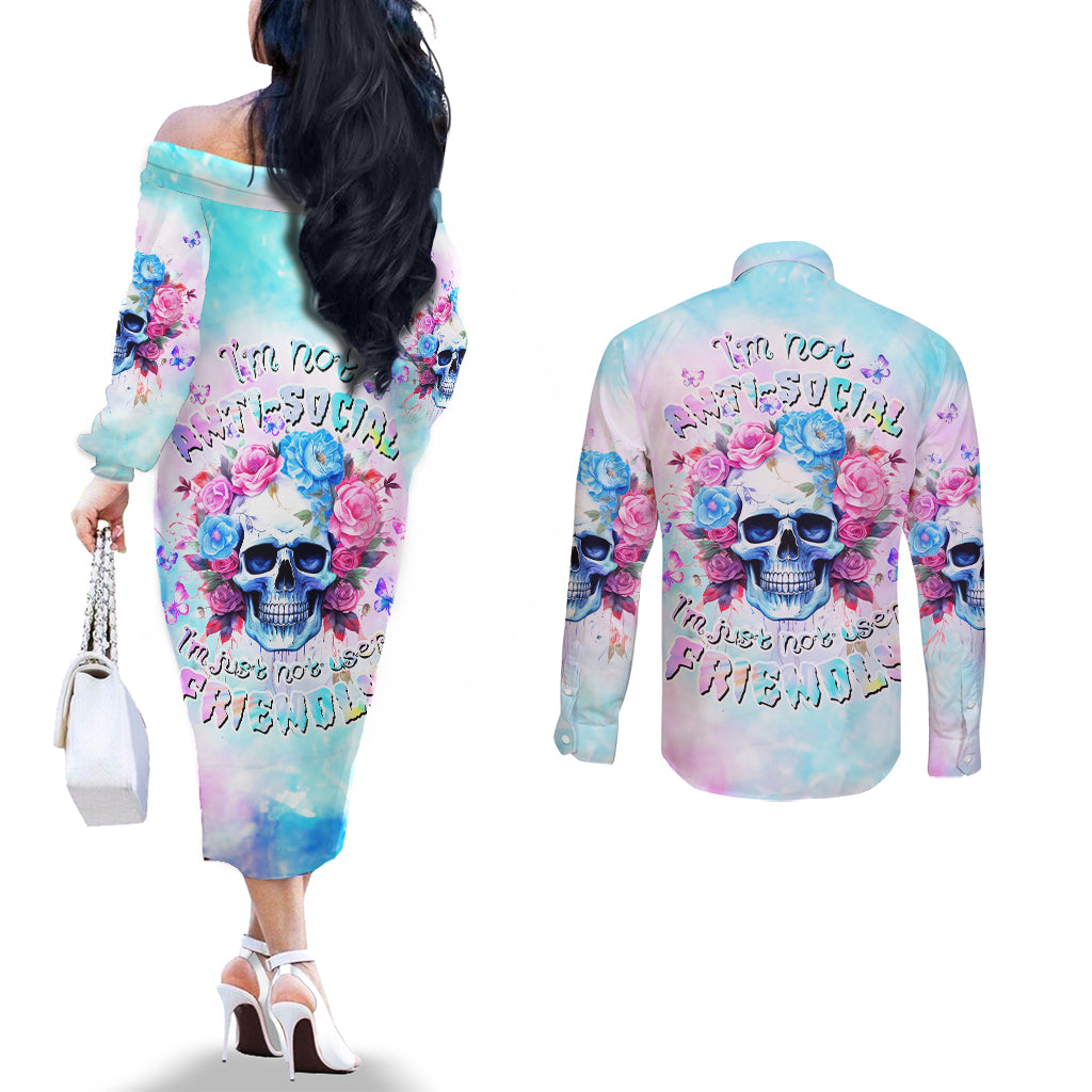 Flower Skull Couples Matching Off The Shoulder Long Sleeve Dress and Long Sleeve Button Shirt I'm Not Ant-Social I'm Just Not User Friendly
