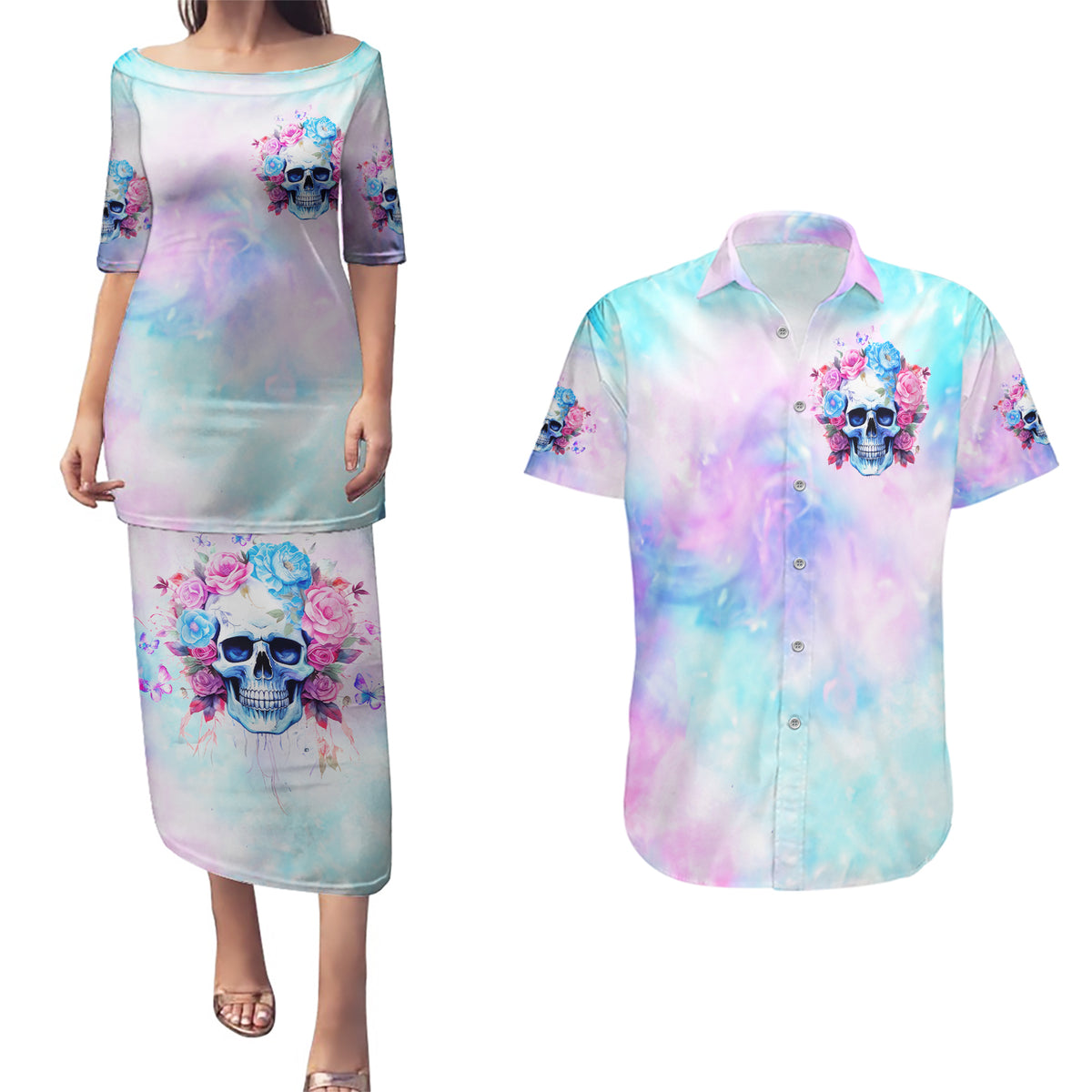 Flower Skull Couples Matching Puletasi and Hawaiian Shirt I'm Not Anti-Social I'm Just Not User Friendly - Wonder Print Shop