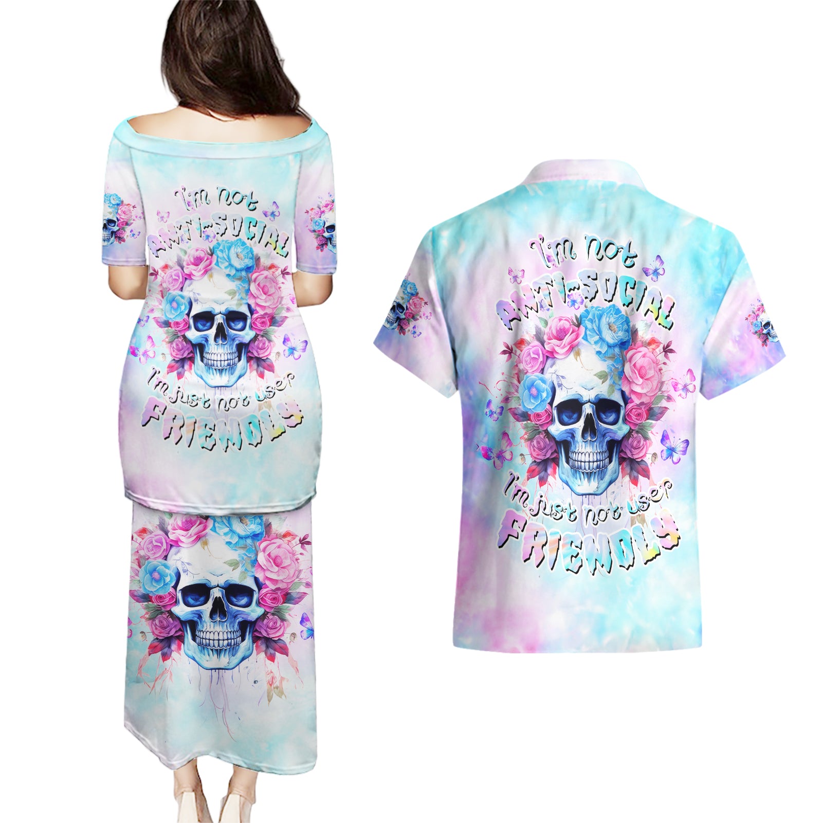Flower Skull Couples Matching Puletasi and Hawaiian Shirt I'm Not Anti-Social I'm Just Not User Friendly - Wonder Print Shop