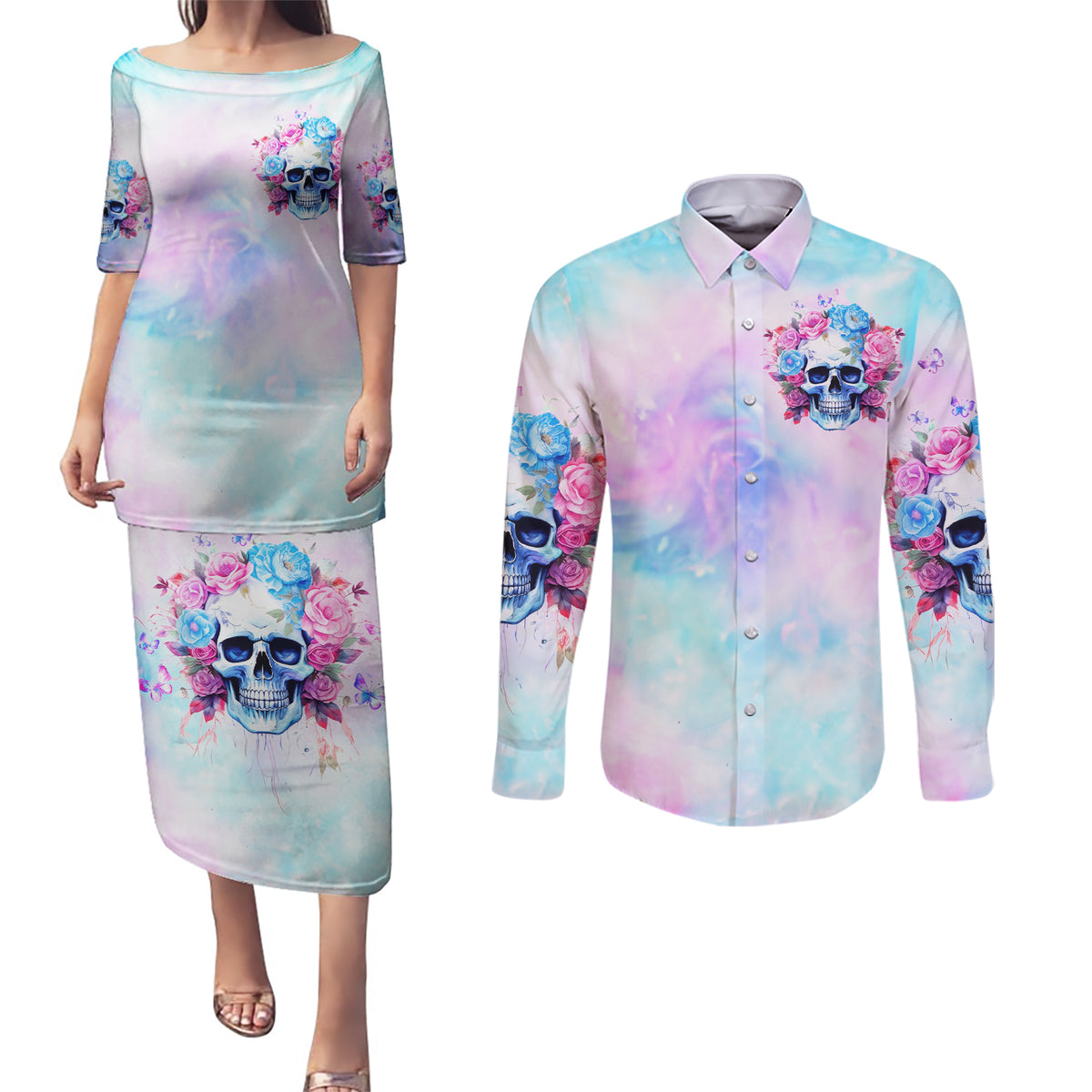 Flower Skull Couples Matching Puletasi and Long Sleeve Button Shirt I'm Not Anti-Social I'm Just Not User Friendly - Wonder Print Shop