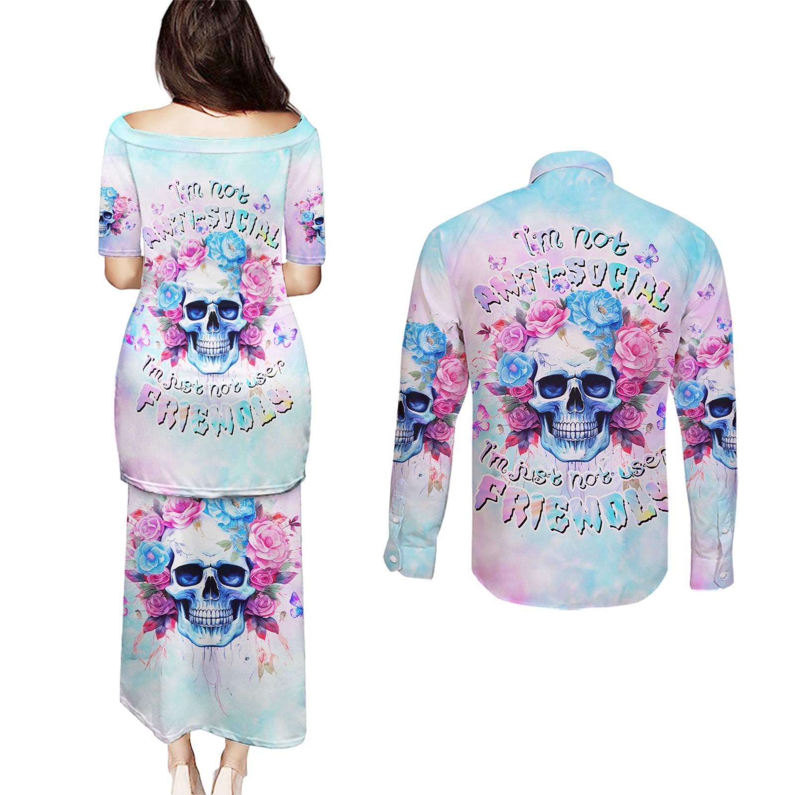 Flower Skull Couples Matching Puletasi and Long Sleeve Button Shirt I'm Not Anti-Social I'm Just Not User Friendly - Wonder Print Shop