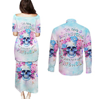 Flower Skull Couples Matching Puletasi and Long Sleeve Button Shirt I'm Not Anti-Social I'm Just Not User Friendly - Wonder Print Shop