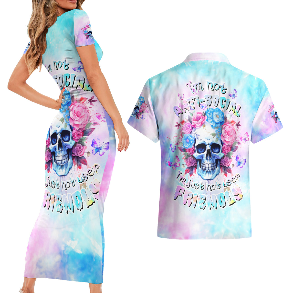Flower Skull Couples Matching Short Sleeve Bodycon Dress and Hawaiian Shirt I'm Not Anti-Social I'm Just Not User Friendly - Wonder Print Shop