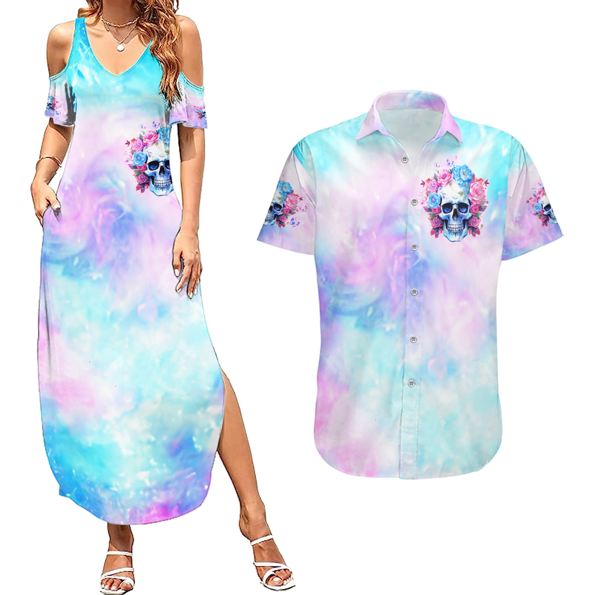 Flower Skull Couples Matching Summer Maxi Dress and Hawaiian Shirt I'm Not Anti-Social I'm Just Not User Friendly - Wonder Print Shop