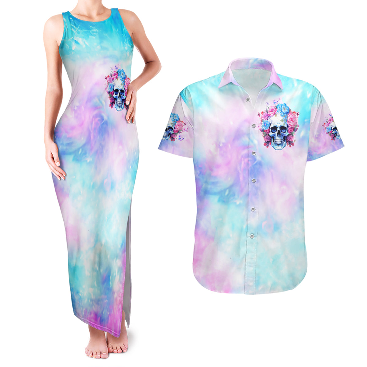 Flower Skull Couples Matching Tank Maxi Dress and Hawaiian Shirt I'm Not Anti-Social I'm Just Not User Friendly - Wonder Print Shop