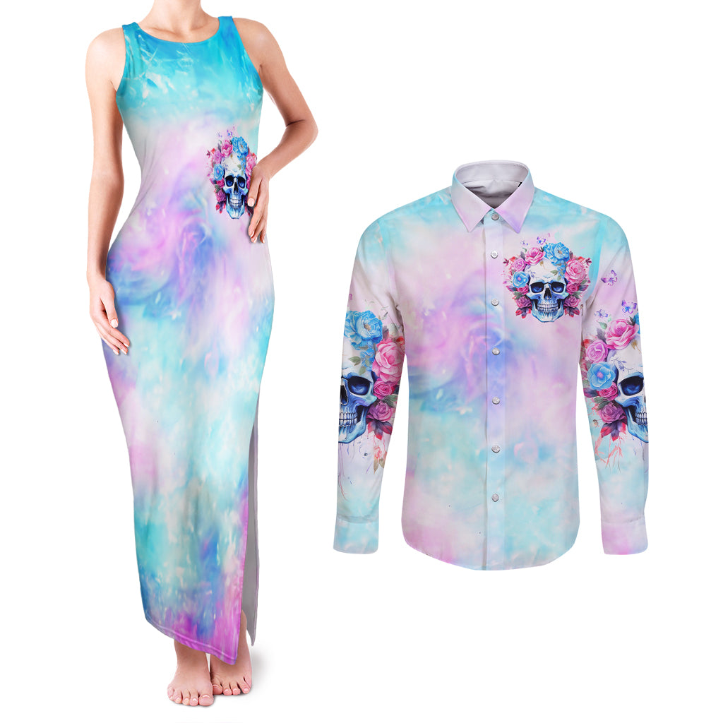 Flower Skull Couples Matching Tank Maxi Dress and Long Sleeve Button Shirt I'm Not Anti-Social I'm Just Not User Friendly - Wonder Print Shop