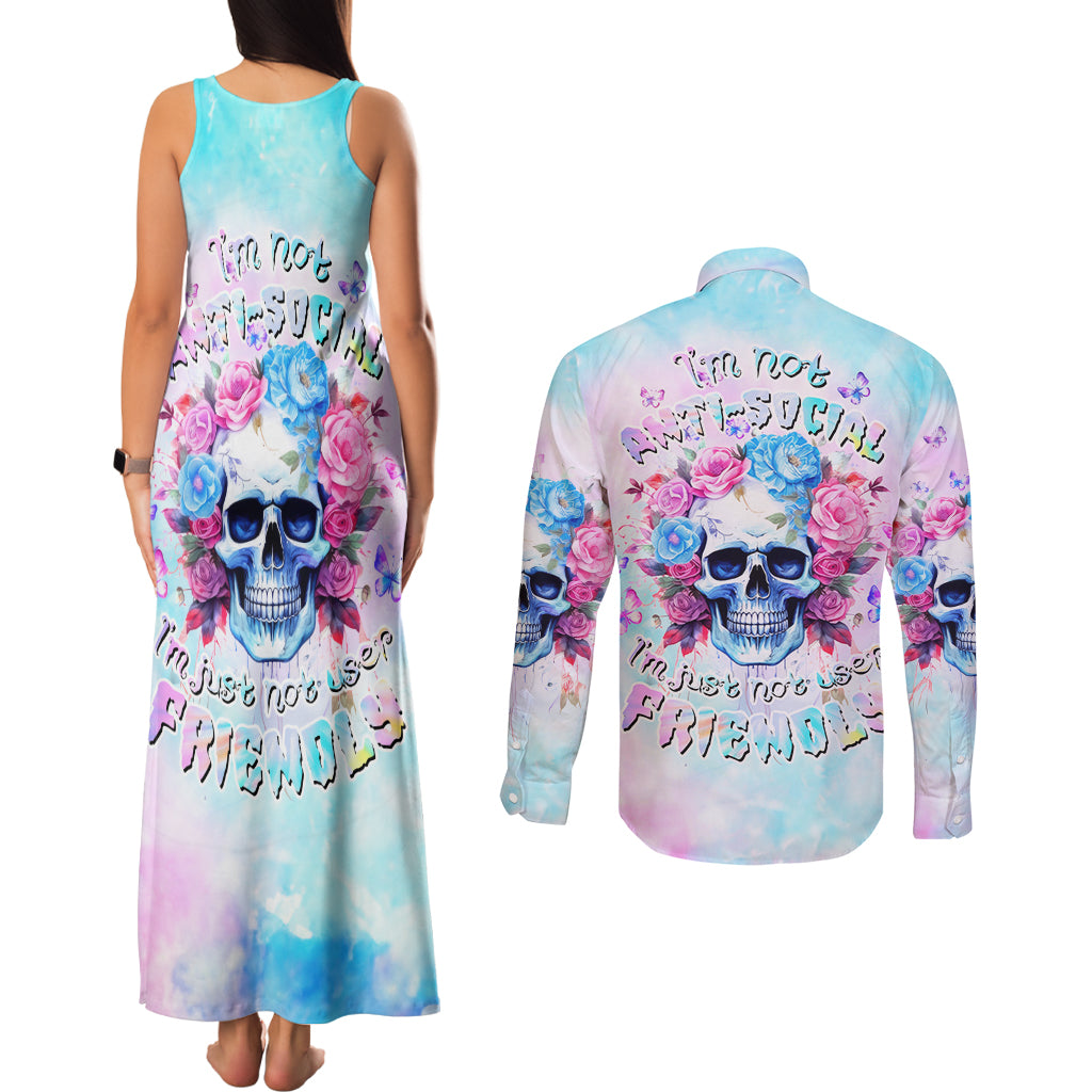 Flower Skull Couples Matching Tank Maxi Dress and Long Sleeve Button Shirt I'm Not Anti-Social I'm Just Not User Friendly - Wonder Print Shop