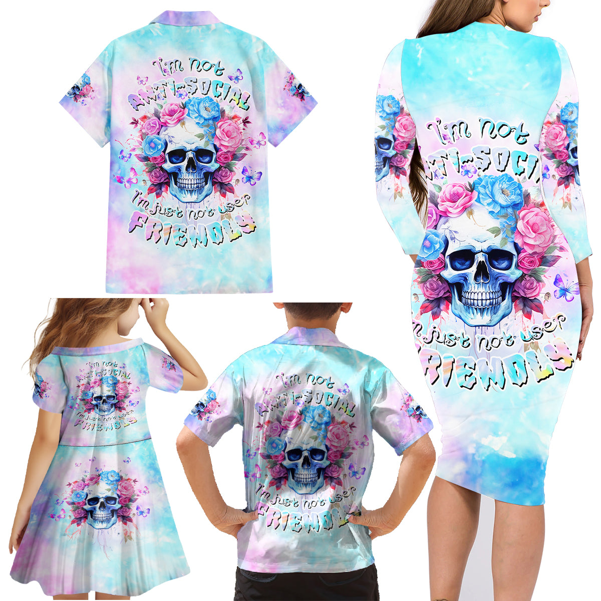 Flower Skull Family Matching Long Sleeve Bodycon Dress and Hawaiian Shirt I'm Not Anti-Social I'm Just Not User Friendly - Wonder Print Shop
