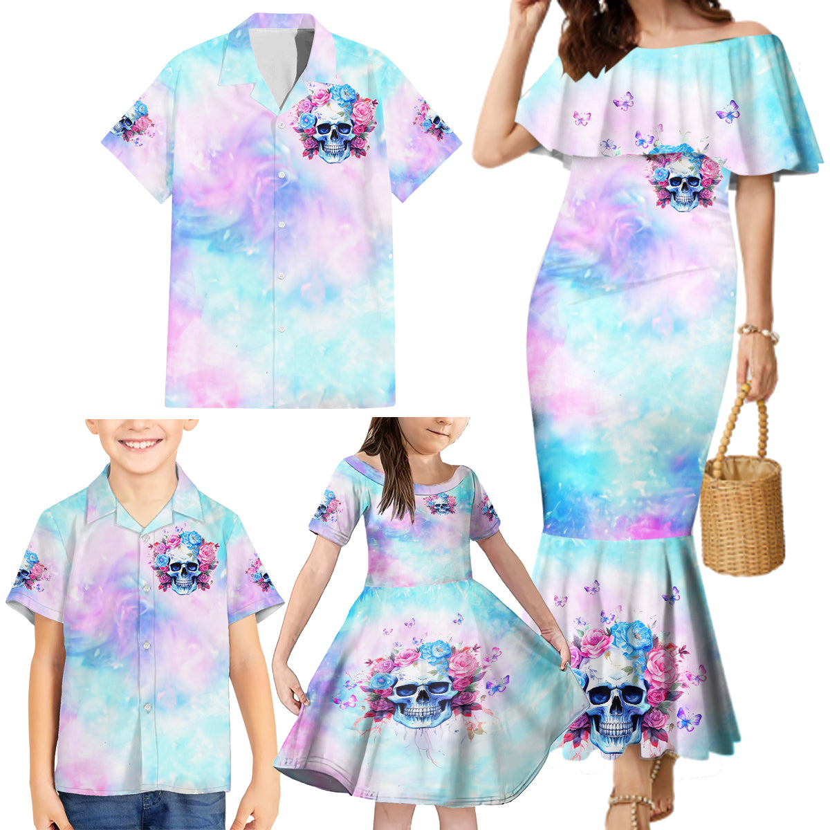 Flower Skull Family Matching Mermaid Dress and Hawaiian Shirt I'm Not Anti-Social I'm Just Not User Friendly - Wonder Print Shop