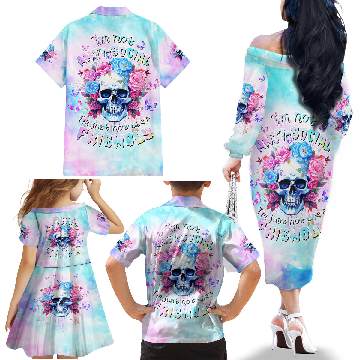 Flower Skull Family Matching Off Shoulder Long Sleeve Dress and Hawaiian Shirt I'm Not Anti-Social I'm Just Not User Friendly - Wonder Print Shop