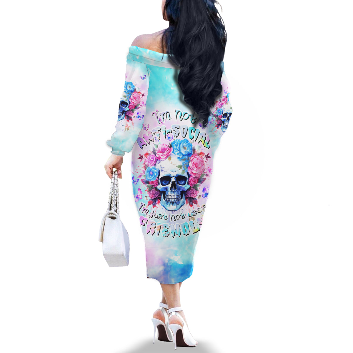 Flower Skull Family Matching Off Shoulder Long Sleeve Dress and Hawaiian Shirt I'm Not Anti-Social I'm Just Not User Friendly - Wonder Print Shop