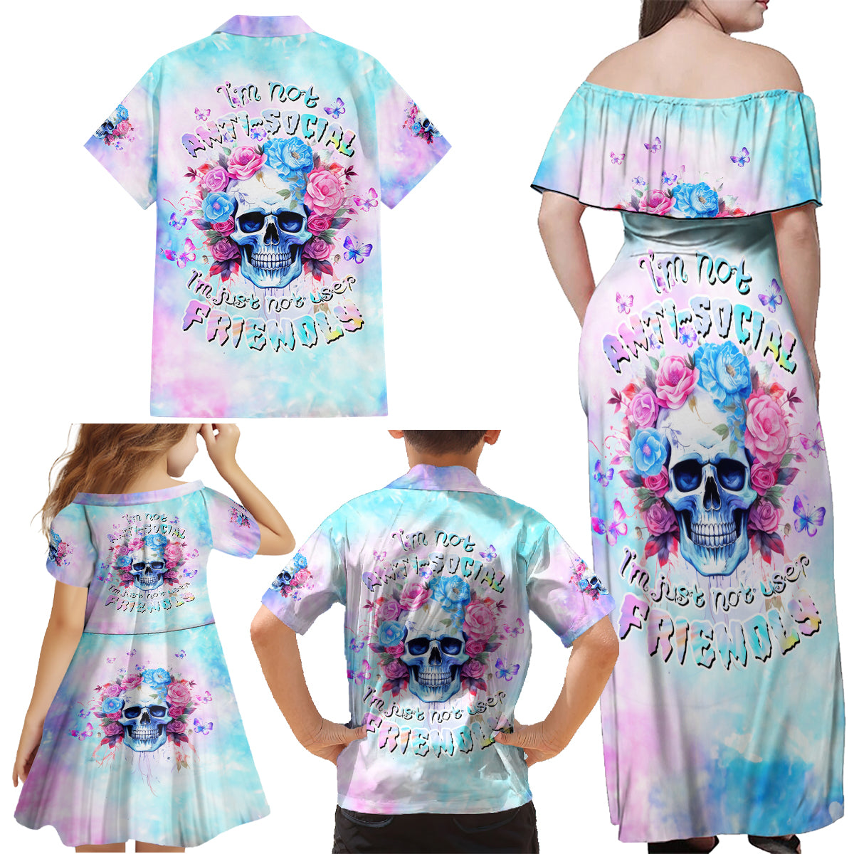 Flower Skull Family Matching Off Shoulder Maxi Dress and Hawaiian Shirt I'm Not Anti-Social I'm Just Not User Friendly - Wonder Print Shop